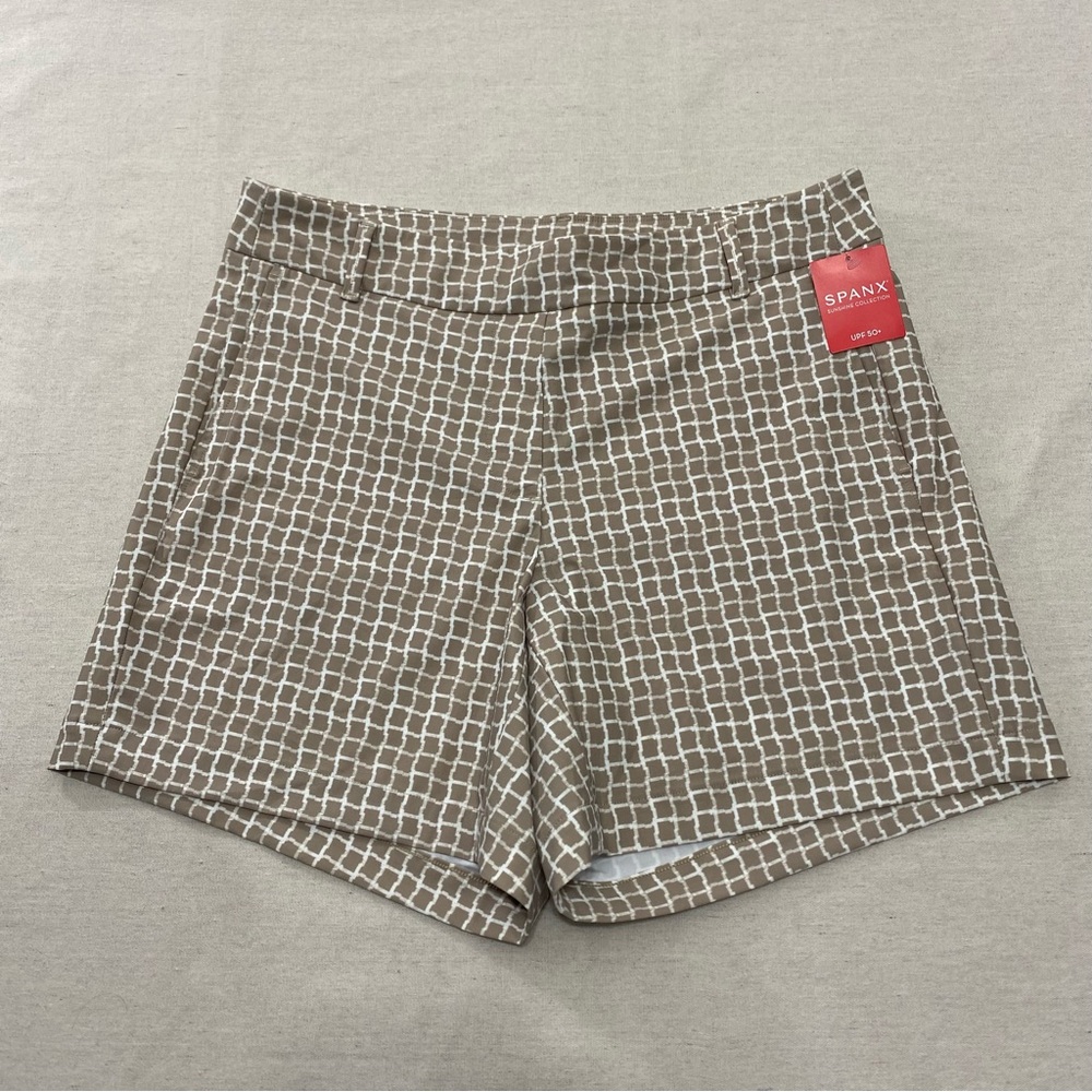 Spanx Sunshine Shorts 6” Bermuda Bespoke Check Women’s Size M NWT Tan/White